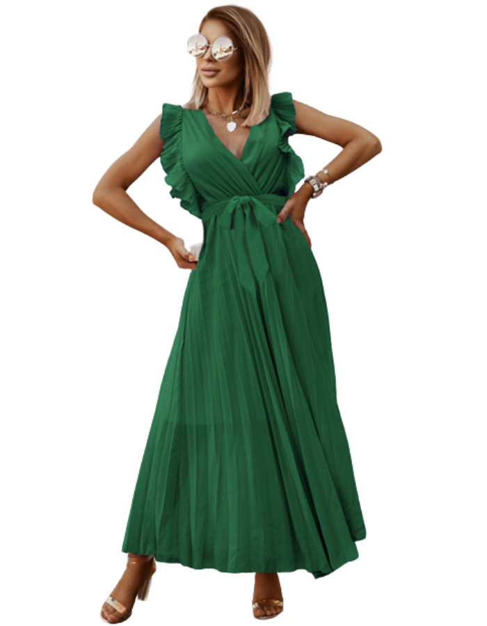SHOPIQAT Curve Pleated Flutter Sleeve Tie Waist Maxi Dress - Premium from shopiqat - Just $10.750! Shop now at shopiqat